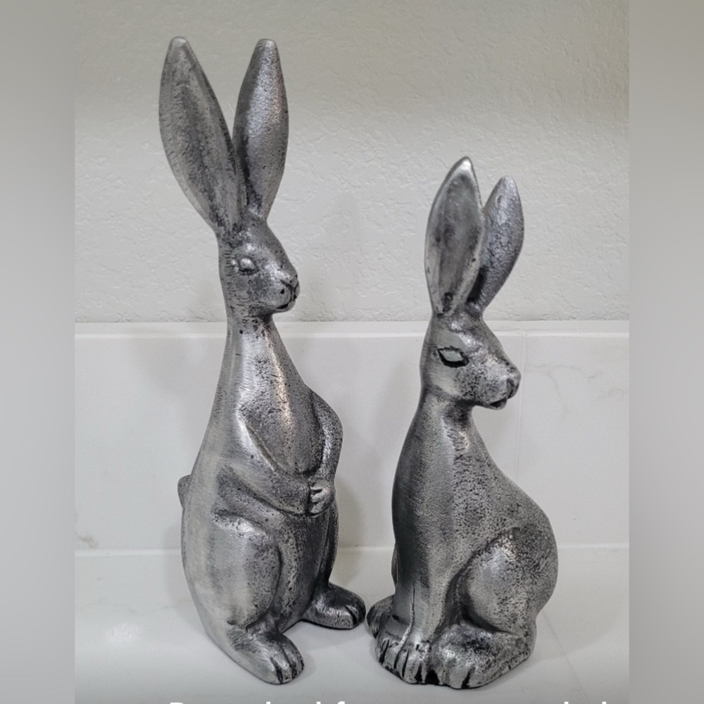 Pottery Barn Bunnies
Approximately 7” and 8.5”
Color looks like silver pewter